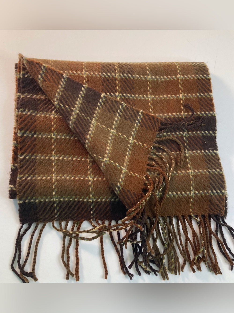 100% Cashmere Scarf With Fringe, Brown Plaid, Made In Scotland